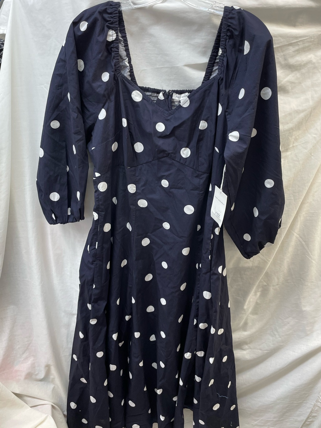 New!!! Free Assembly Navy Blue Polka Dot Midi Dress With Puff Sleeves Sz 16-18